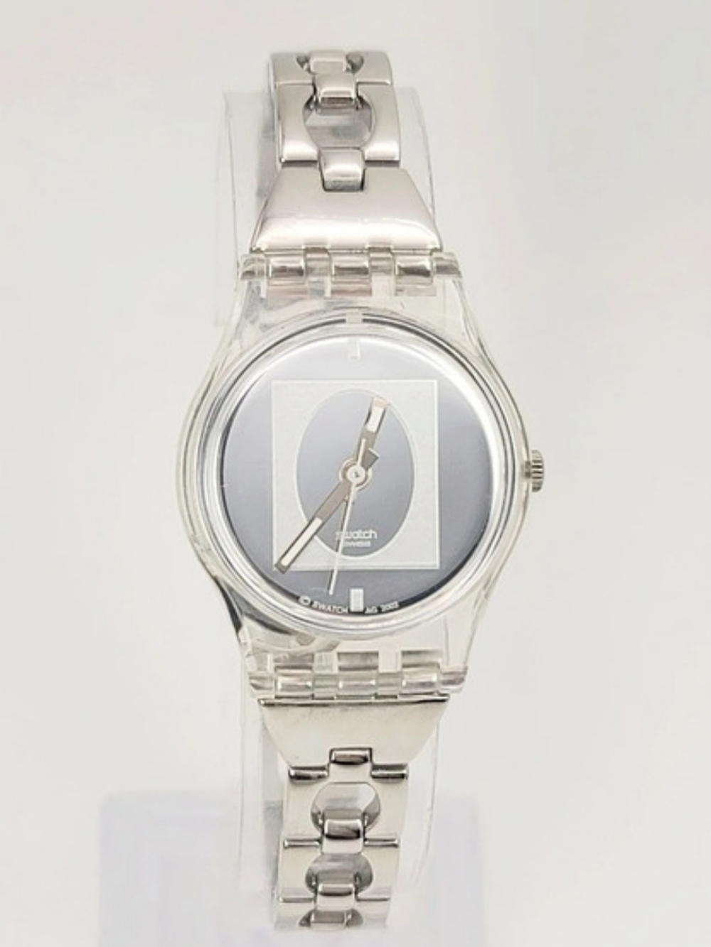 Vintage Swatch Lady Watch 2002 Silver Dial Clear Case Bracelet Swiss LK218 Fate
